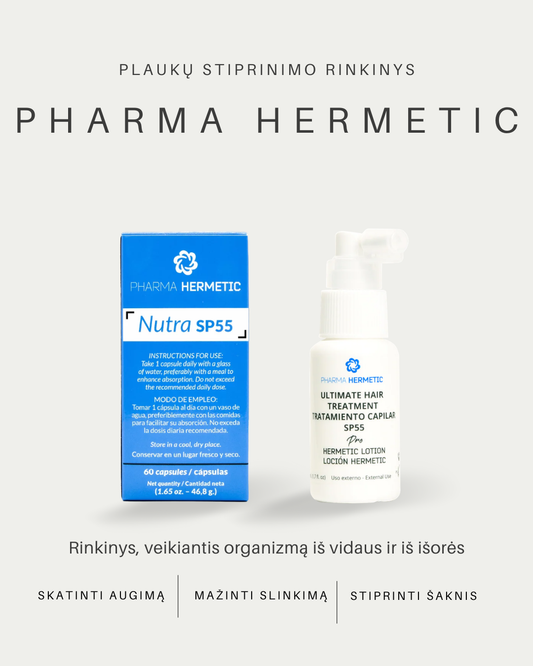 Plaukų stiprinimo rinkinys: Nutra SP55 papildai + SP55 losjonas