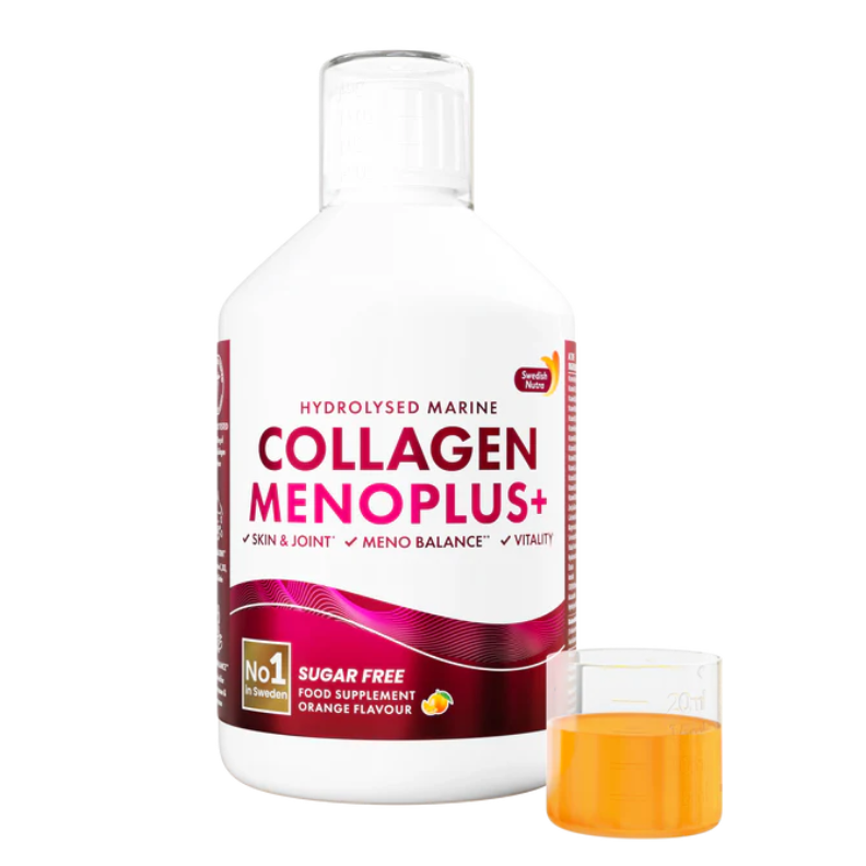 Swedish Nutra – Collagen Menoplus+, skystas jūrinis kolagenas moterims menopauzės laikotarpiui, 500 ml